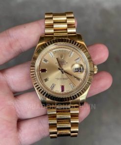 Rolex Day-Date II 218238 18k Yellow Gold Baguette Diamond & Ruby Dial
