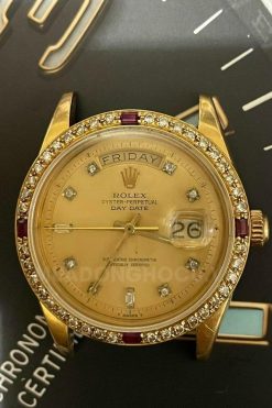 Rolex President Day Date 1803 Diamond Dial 18K Gold Leather Strap 5 Rolex President Day Date 1803 Diamond Dial 18K Gold Leather Strap