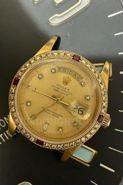 Rolex President Day Date 1803 Diamond Dial 18K Gold Leather Strap 6 Rolex President Day Date 1803 Diamond Dial 18K Gold Leather Strap
