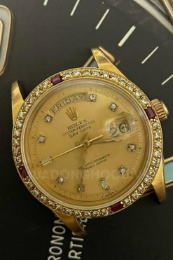 Rolex President Day Date 1803 Diamond Dial 18K Gold Leather Strap 7 Rolex President Day Date 1803 Diamond Dial 18K Gold Leather Strap