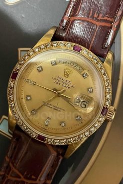 Rolex President Day Date 1803 Diamond Dial 18K Gold Leather Strap 3 Rolex President Day Date 1803 Diamond Dial 18K Gold Leather Strap